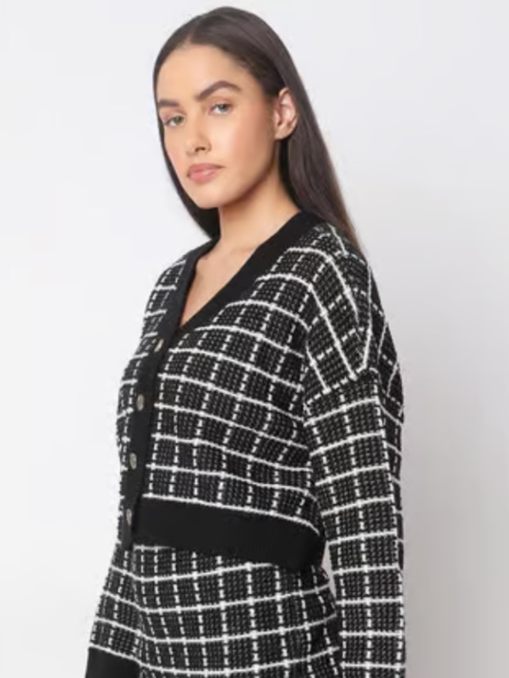 Black and White Grid V-Neck Button Cardigan Sweater